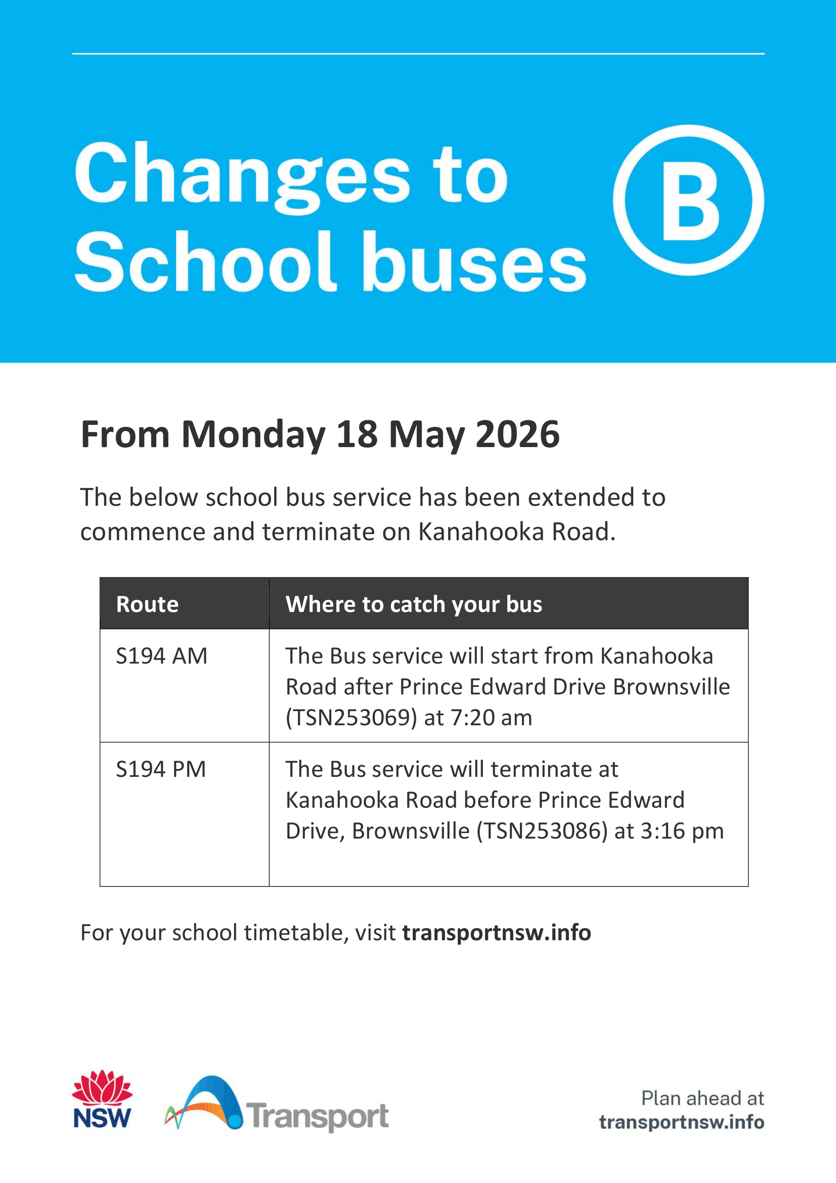S194 Changes to school bus Notice